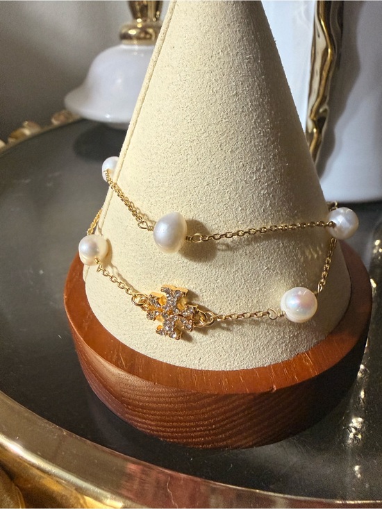 Tory Burch Jewelry - Tory Burch Gold Double Chain Bracelet with White Pearls and Pave Logo Charm